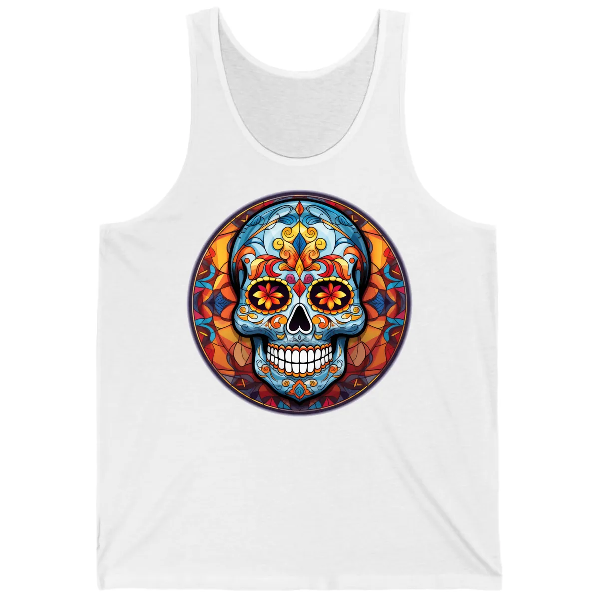 Vibrant Stained Glass Sugar Skull Calavera Tank in White