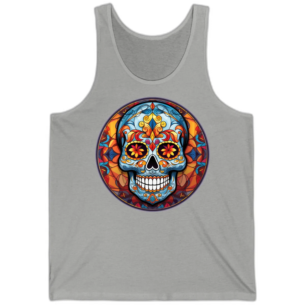 Vibrant Stained Glass Sugar Skull Calavera Tank in Athletic Heather