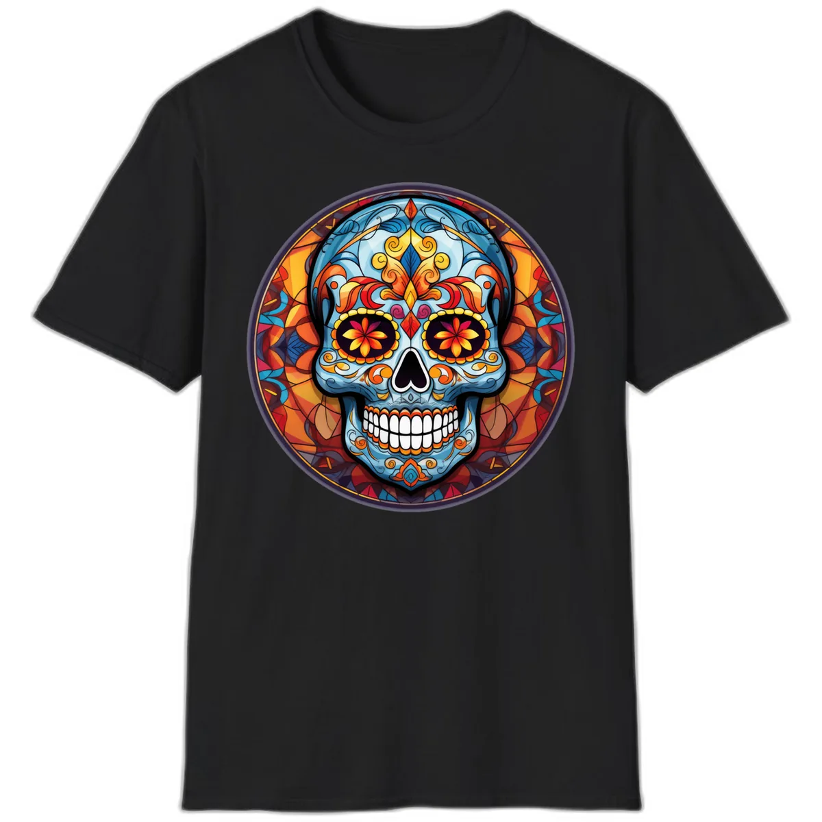 Vibrant Stained Glass Sugar Skull Calavera T-Shirt in Black