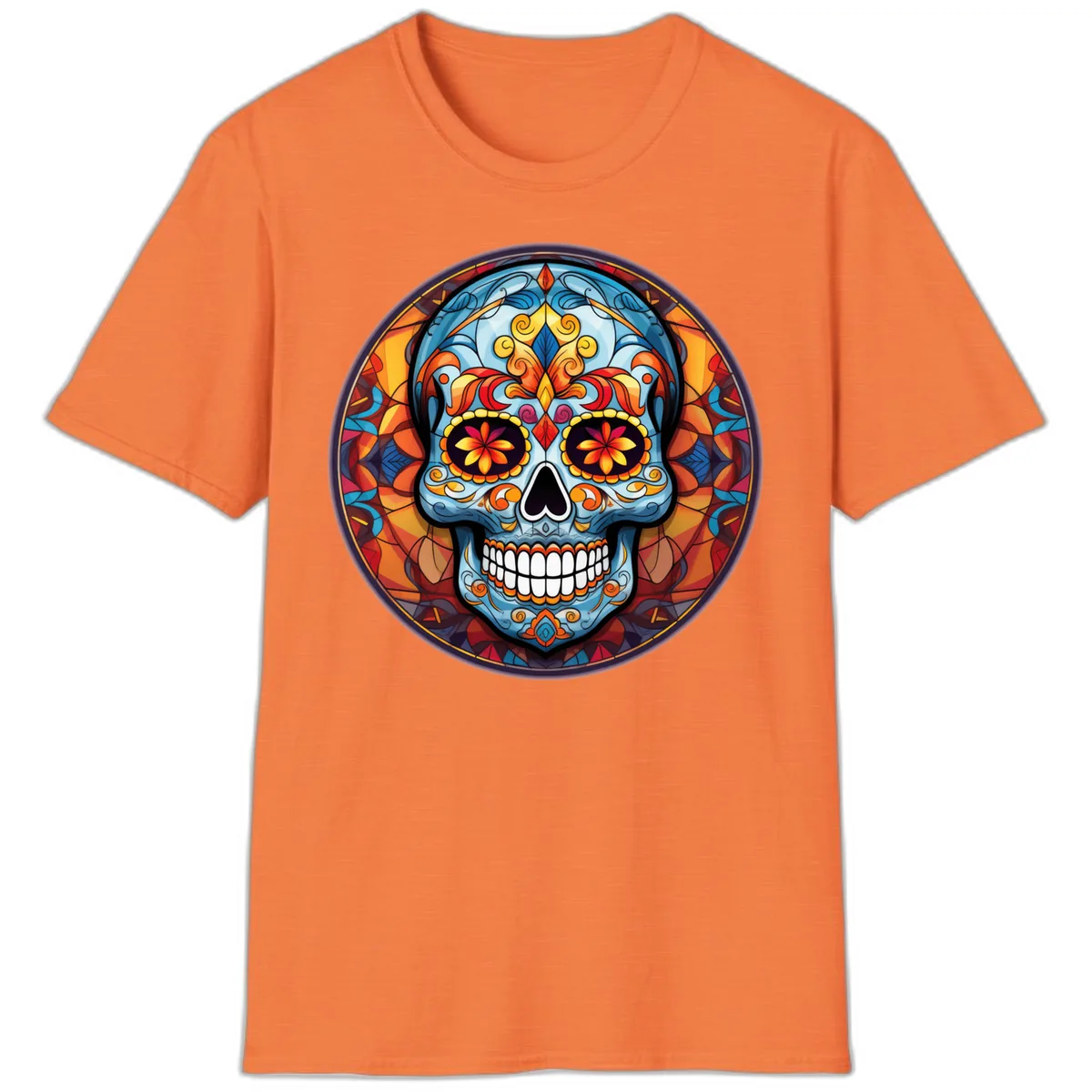 Vibrant Stained Glass Sugar Skull Calavera T-Shirt in Heather Orange