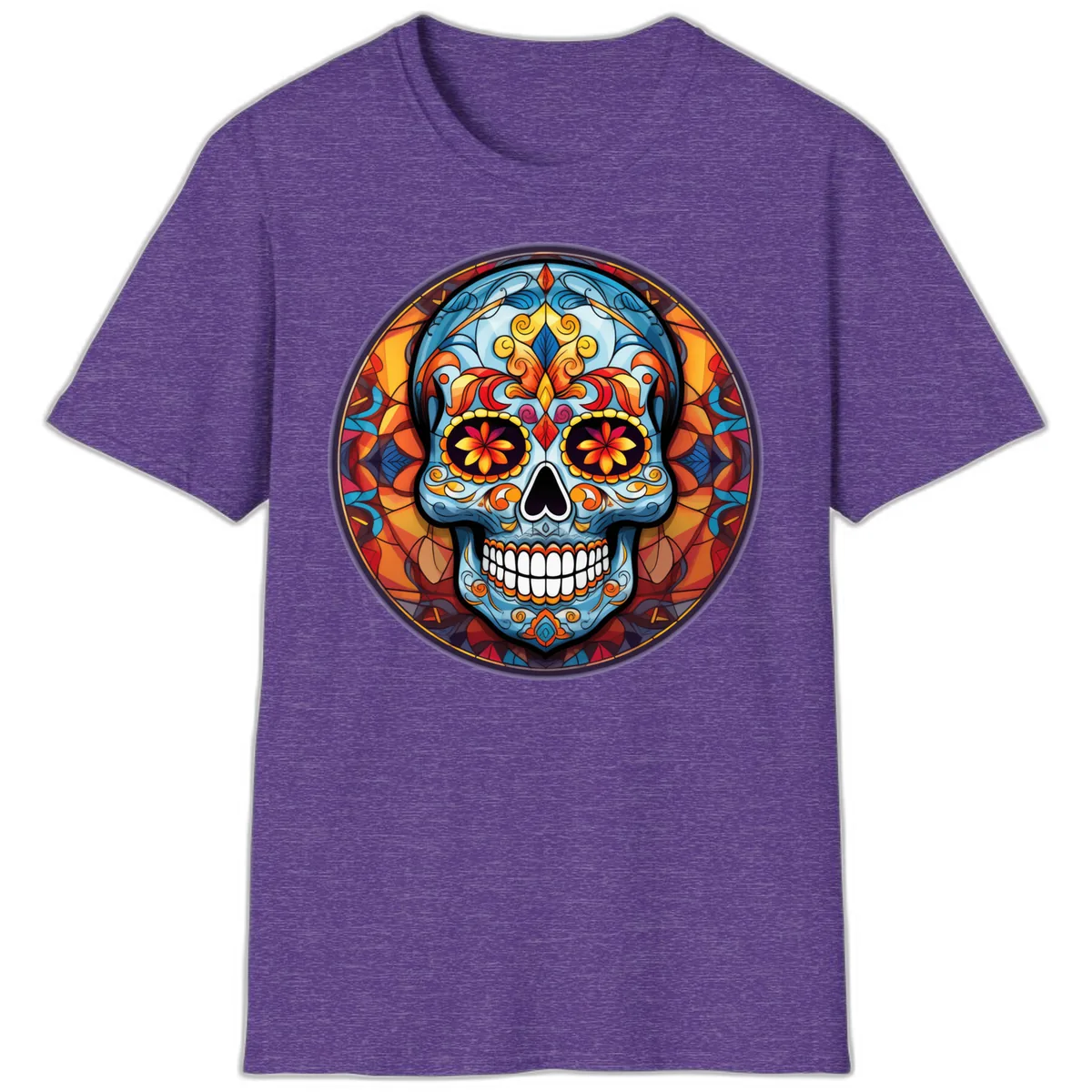 Vibrant Stained Glass Sugar Skull Calavera T-Shirt in Heather Purple