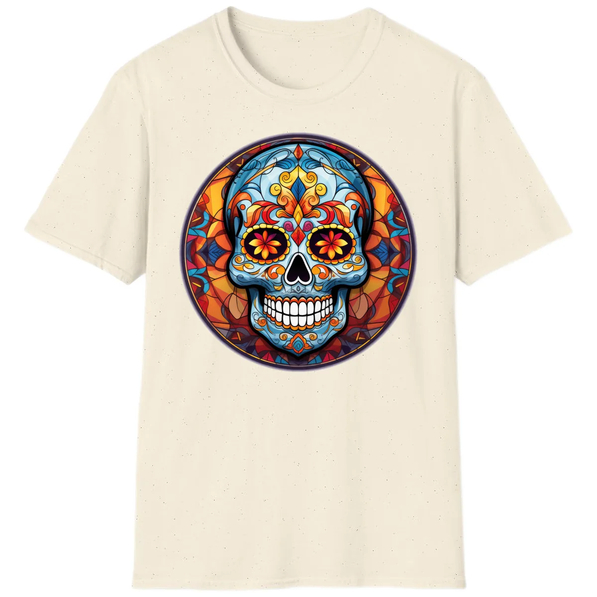 Vibrant Stained Glass Sugar Skull Calavera T-Shirt in Natural