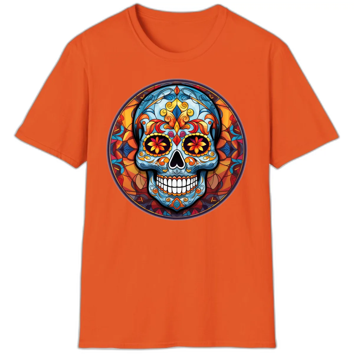 Vibrant Stained Glass Sugar Skull Calavera T-Shirt in Orange