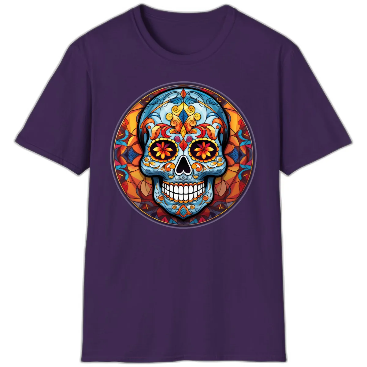 Vibrant Stained Glass Sugar Skull Calavera T-Shirt in Purple