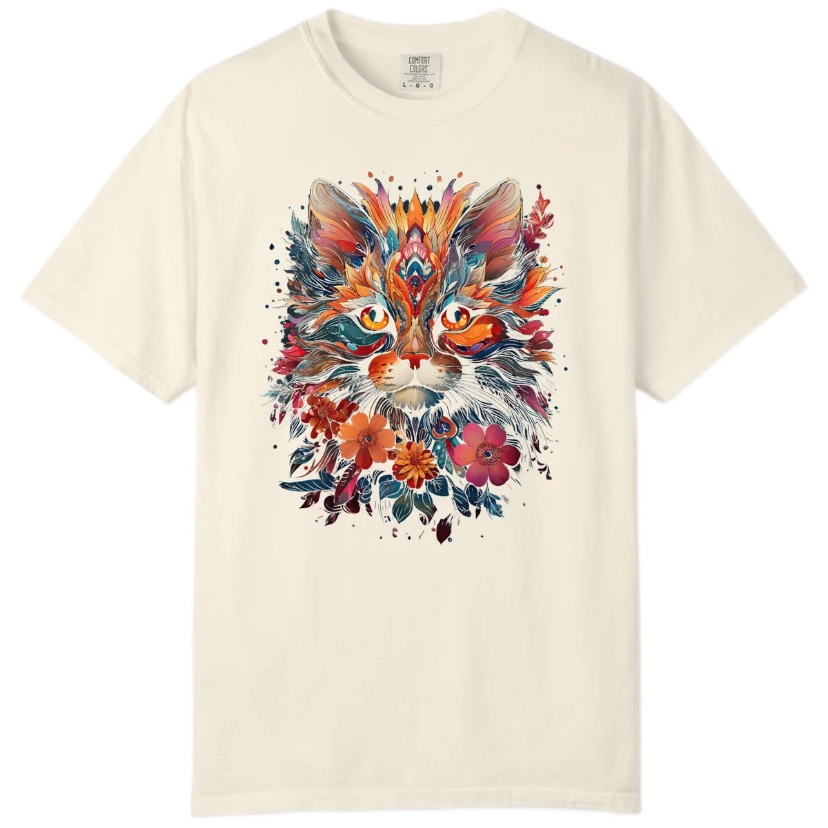 Vibrant Floral Feline Mandala Art Comfort Color in Ivory