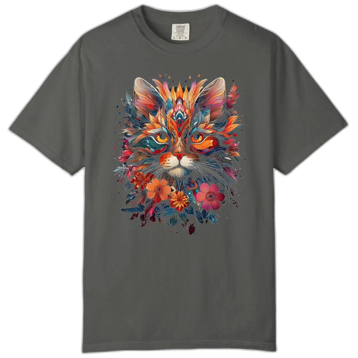 Vibrant Floral Feline Mandala Art Comfort Color in Pepper