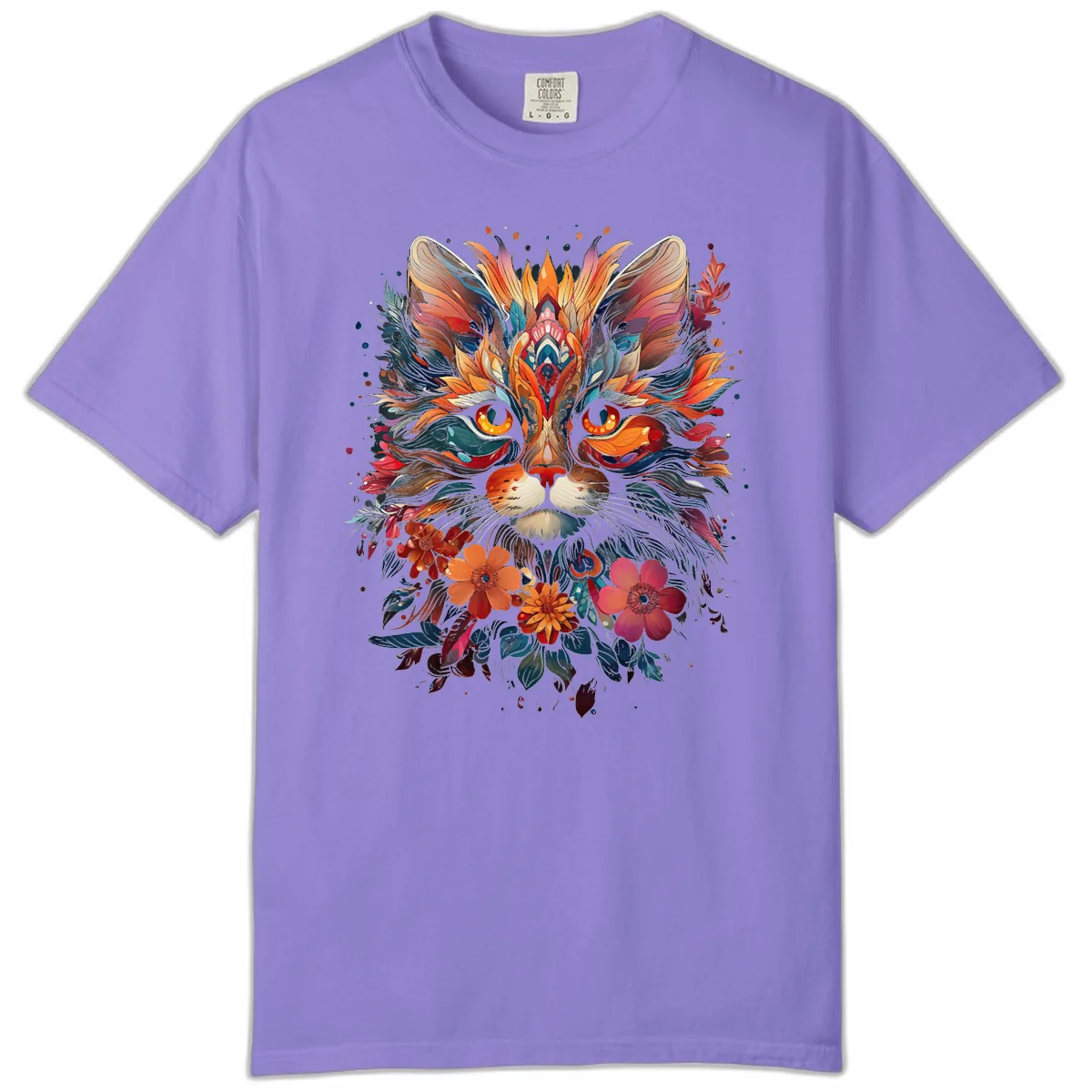 Vibrant Floral Feline Mandala Art Comfort Color in Violet