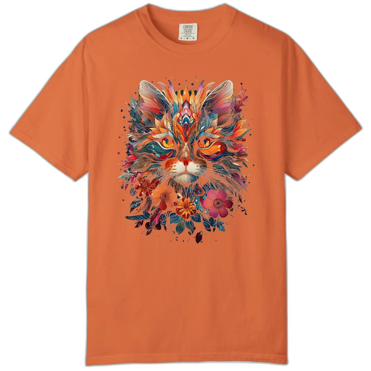 Vibrant Floral Feline Mandala Art Comfort Color in Burnt Orange
