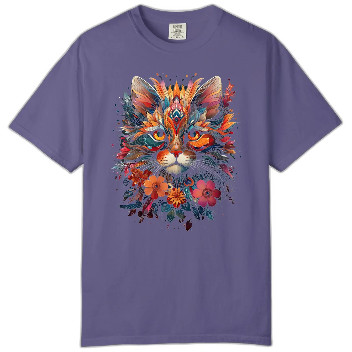 Vibrant Floral Feline Mandala Art Comfort Color in Grape