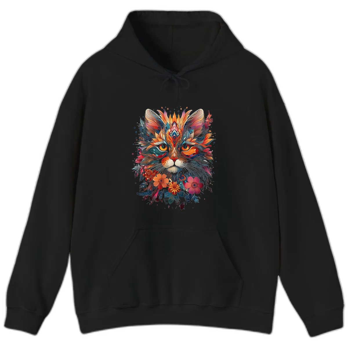 Vibrant Floral Feline Mandala Art Hoodie in Black