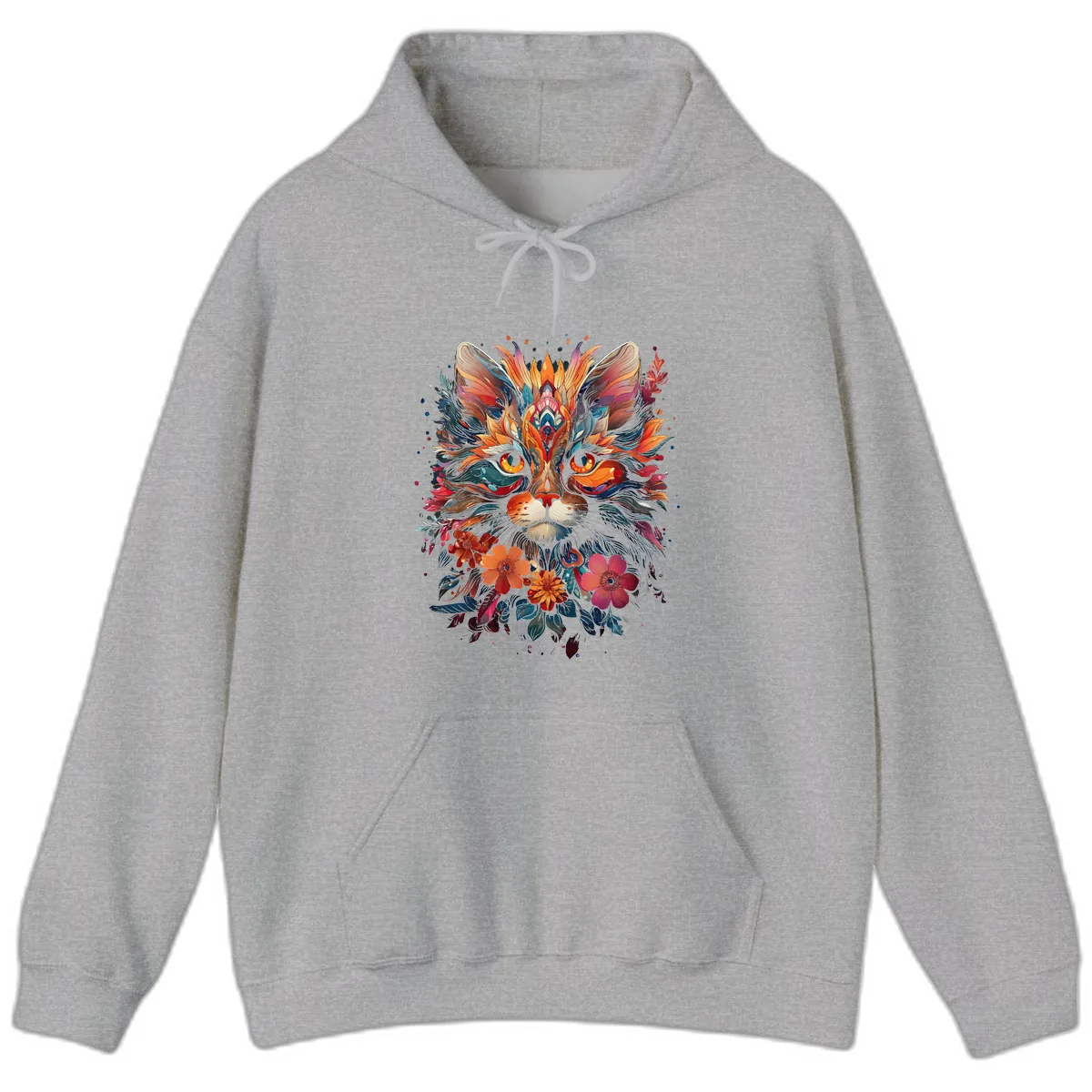 Vibrant Floral Feline Mandala Art Hoodie in Sport Grey