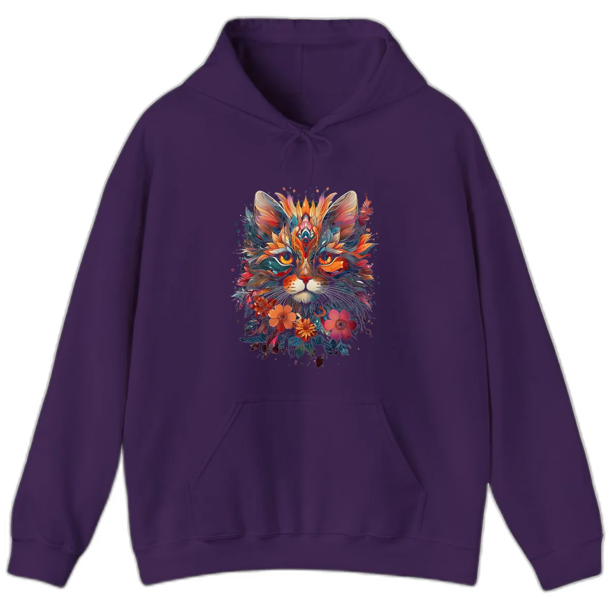 Vibrant Floral Feline Mandala Art Hoodie in Purple
