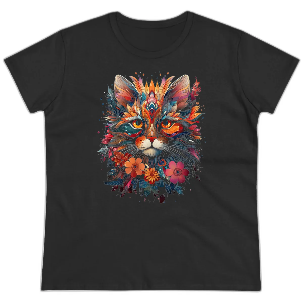 Vibrant Floral Feline Mandala Art Ladies Tee in Black