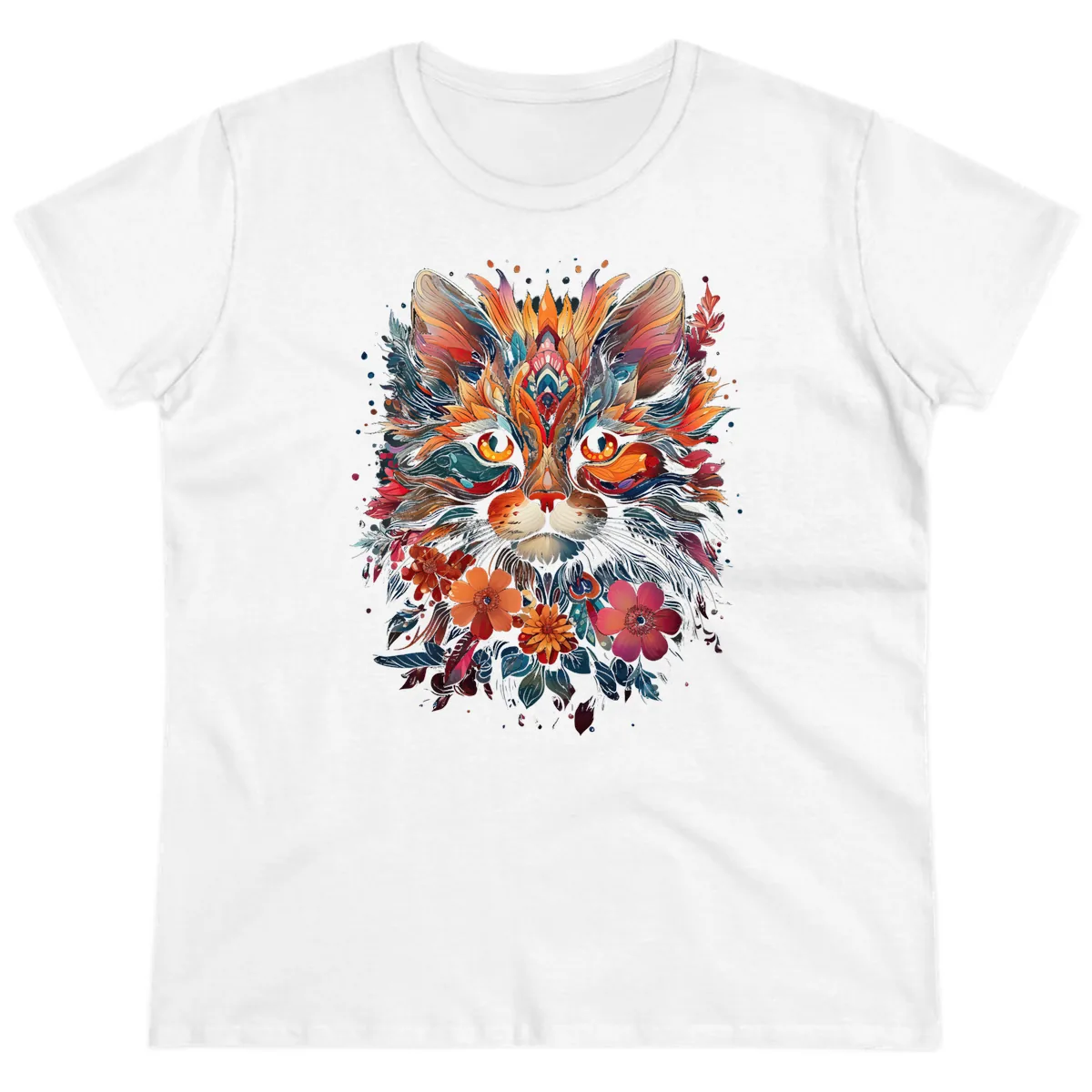 Vibrant Floral Feline Mandala Art Ladies Tee in White