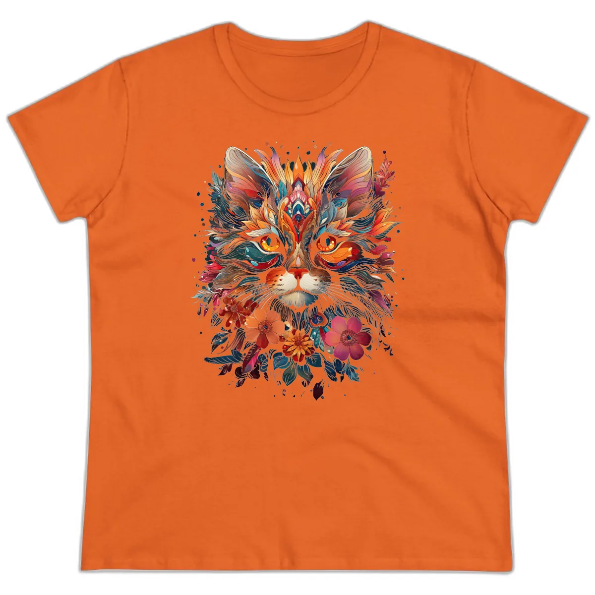 Vibrant Floral Feline Mandala Art Ladies Tee in Orange