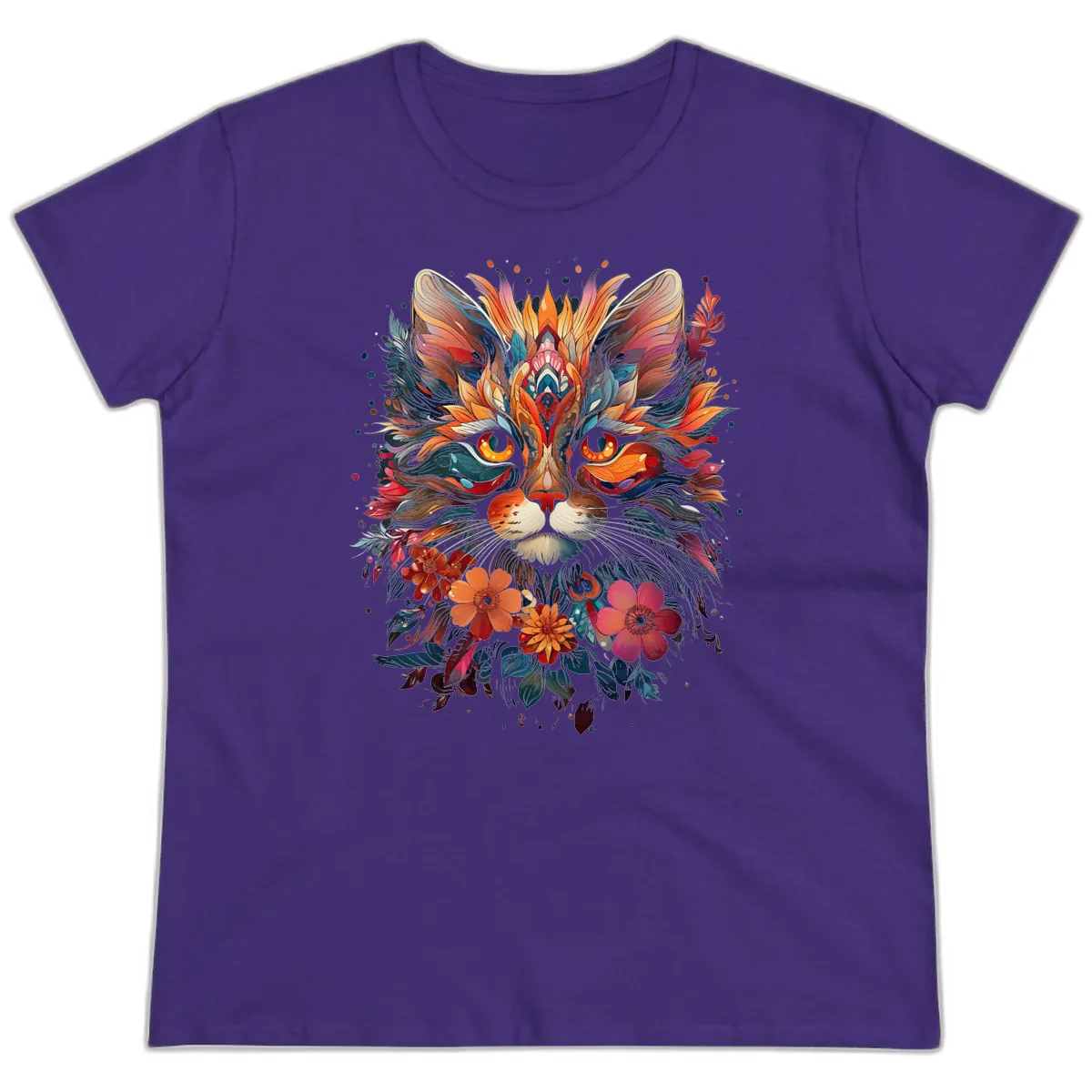 Vibrant Floral Feline Mandala Art Ladies Tee in Purple