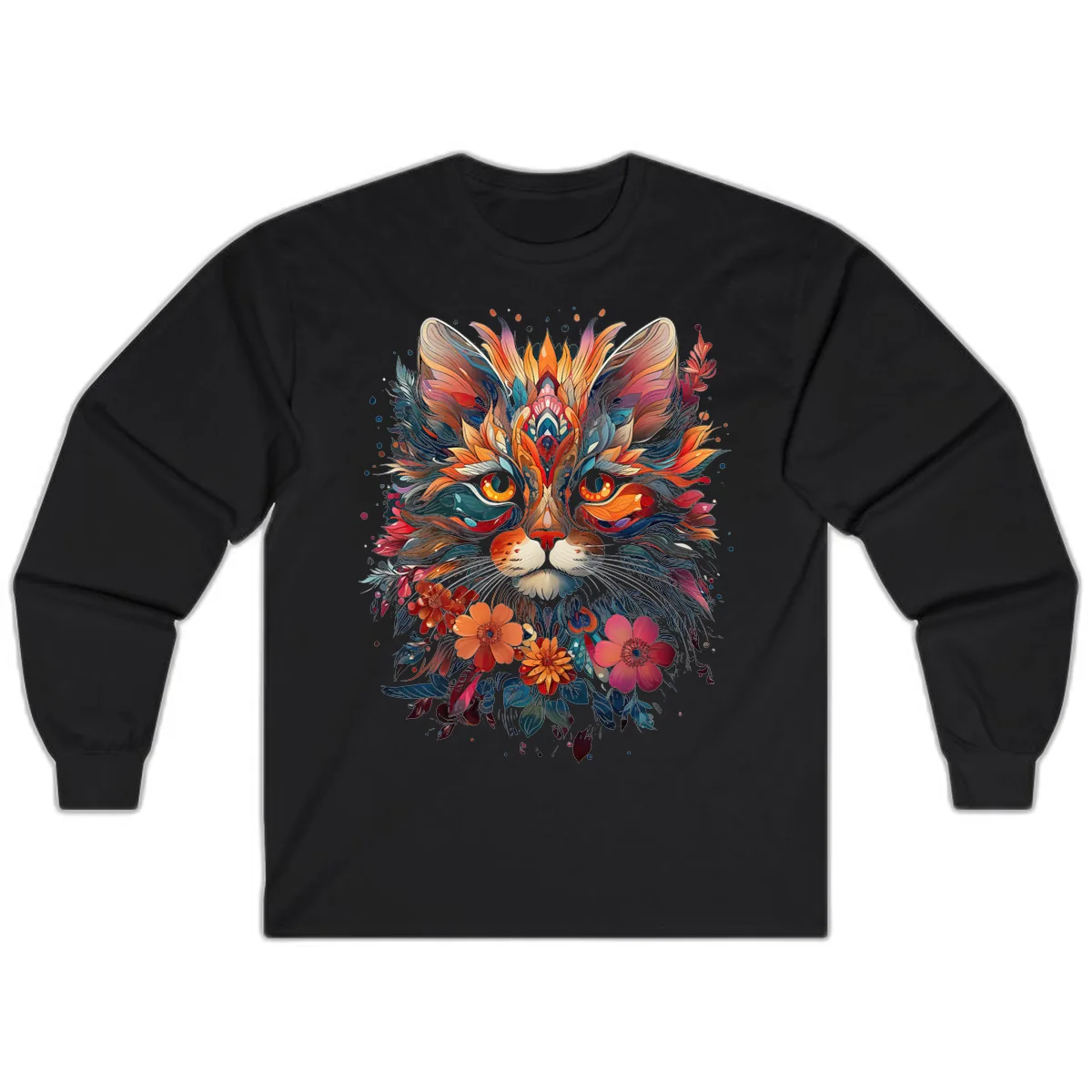 Vibrant Floral Feline Mandala Art Long Sleeve in Black