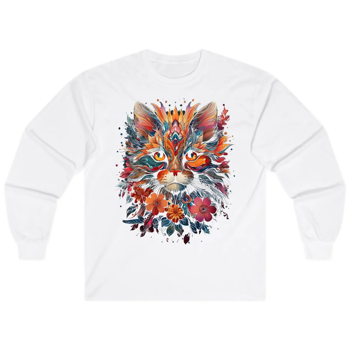 Vibrant Floral Feline Mandala Art Long Sleeve in White