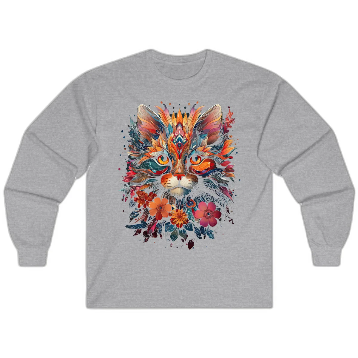 Vibrant Floral Feline Mandala Art Long Sleeve in Sport Grey