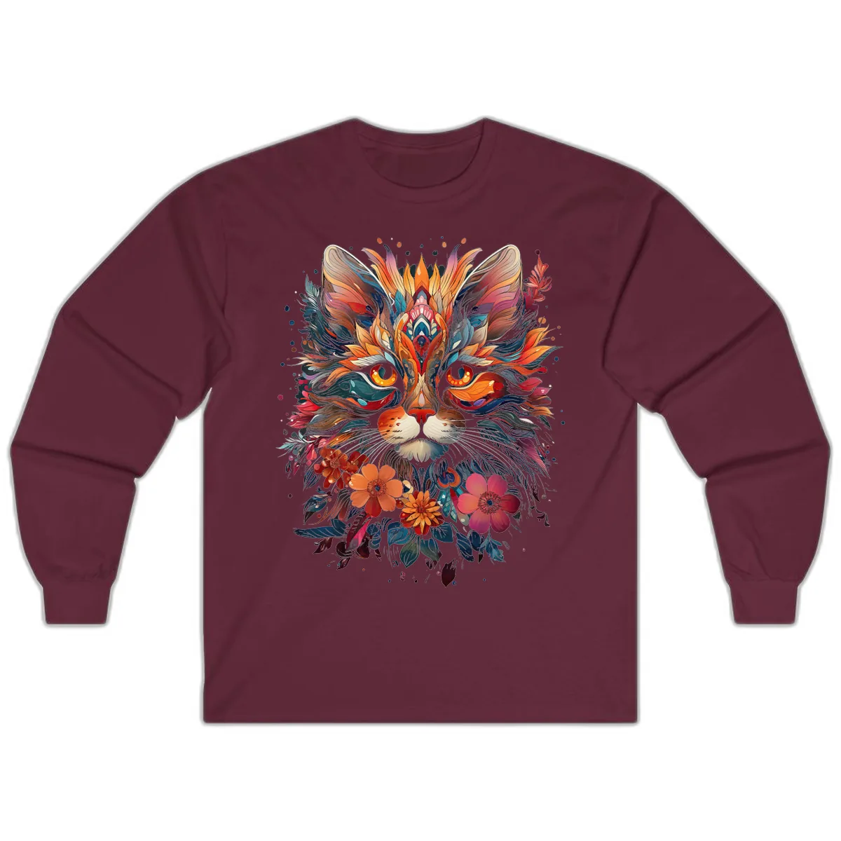 Vibrant Floral Feline Mandala Art Long Sleeve in Maroon