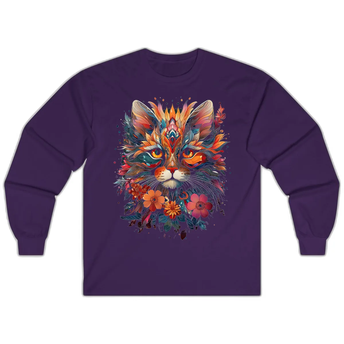 Vibrant Floral Feline Mandala Art Long Sleeve in Purple