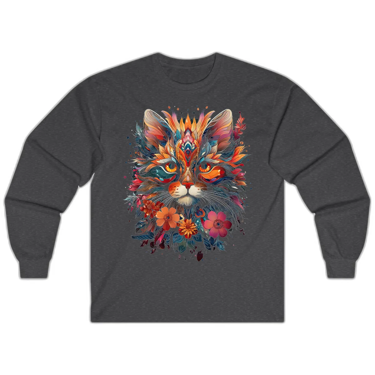 Vibrant Floral Feline Mandala Art Long Sleeve in Dark Heather