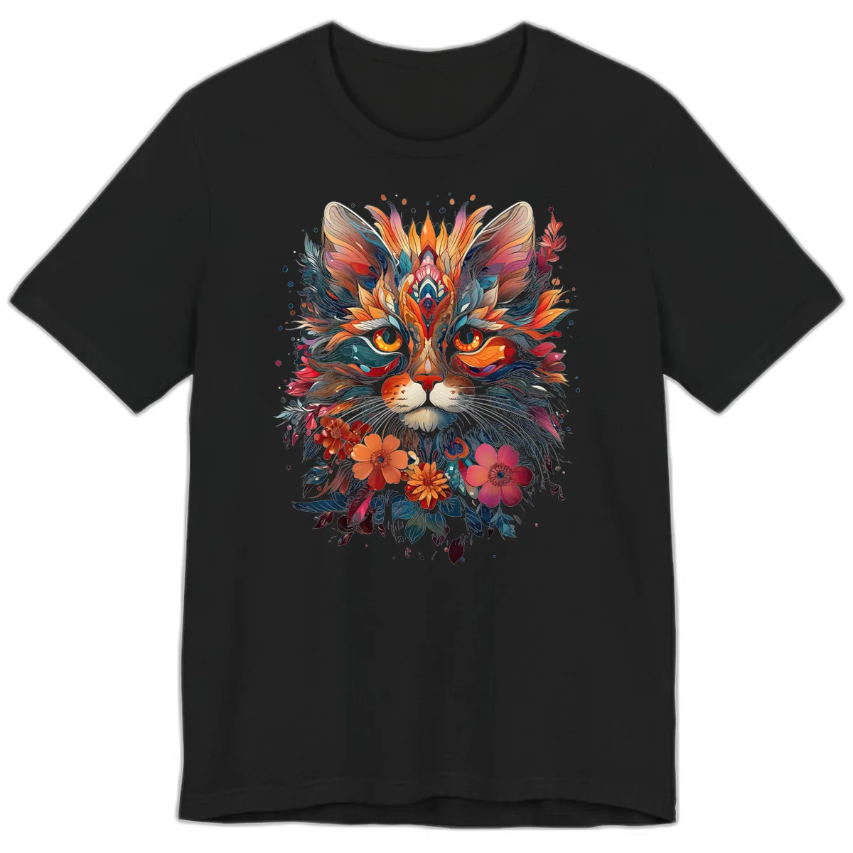 Vibrant Floral Feline Mandala Art Premium T-Shirt in Black