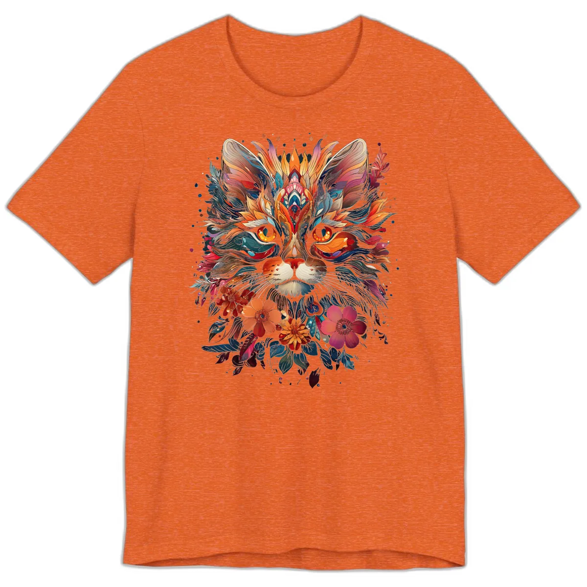 Vibrant Floral Feline Mandala Art Premium T-Shirt in Heather Orange