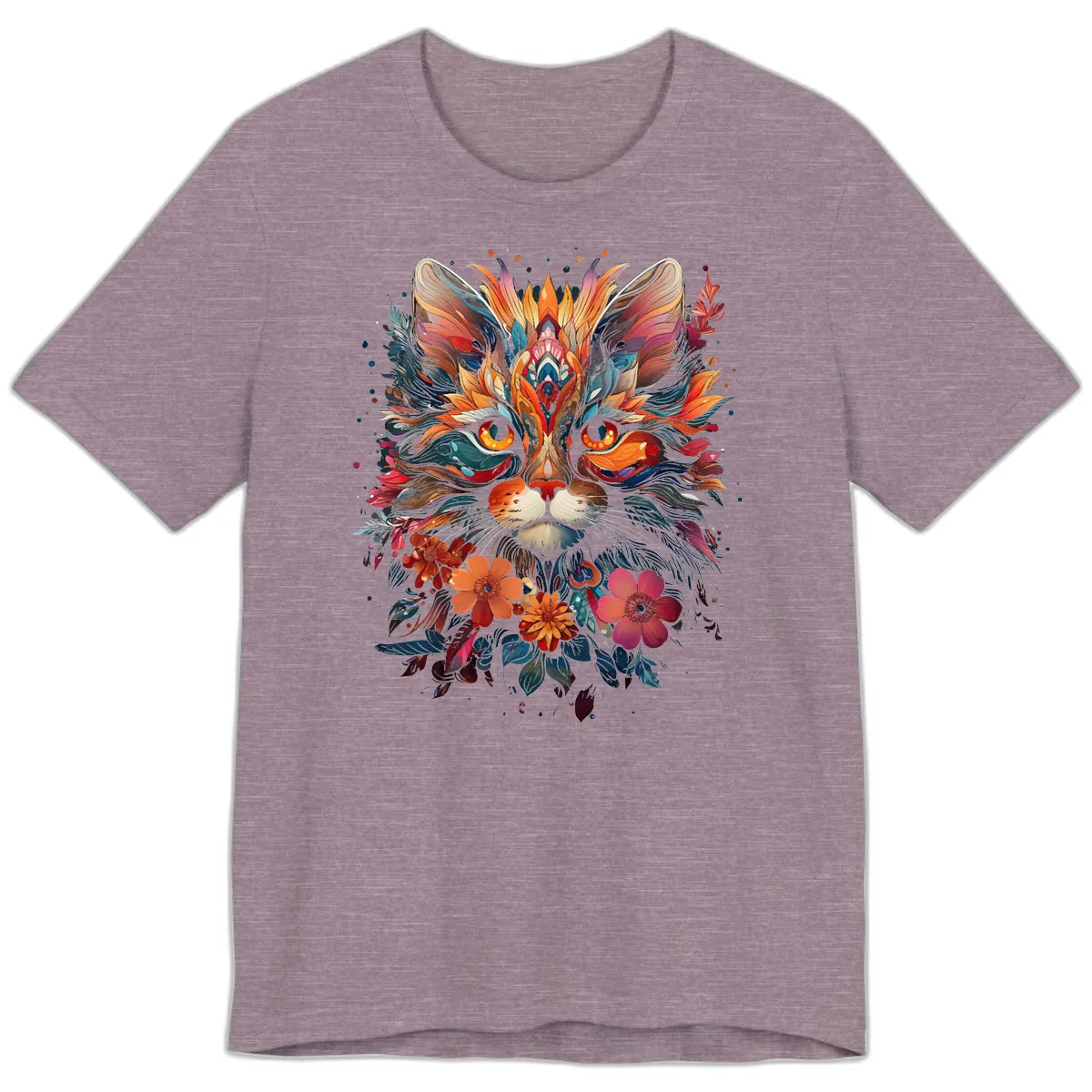 Vibrant Floral Feline Mandala Art Premium T-Shirt in Heather Purple
