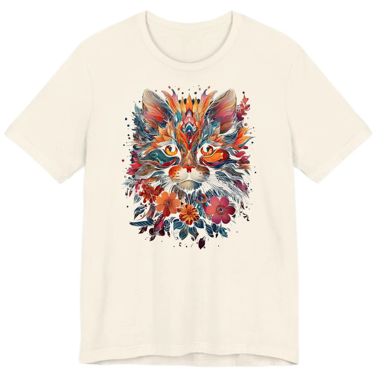 Vibrant Floral Feline Mandala Art Premium T-Shirt in Natural