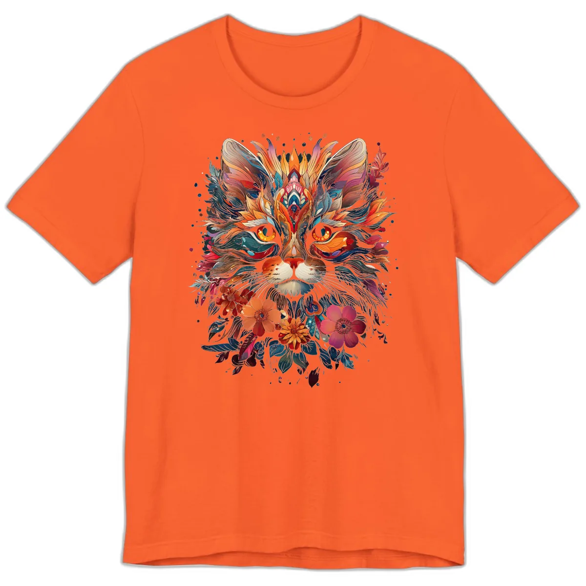 Vibrant Floral Feline Mandala Art Premium T-Shirt in Orange