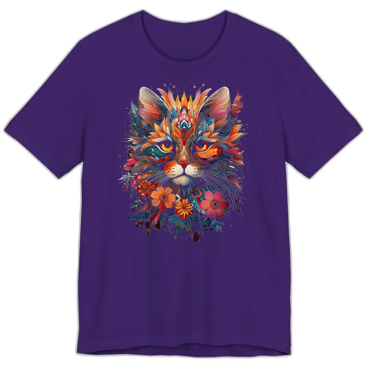 Vibrant Floral Feline Mandala Art Premium T-Shirt in Team Purple