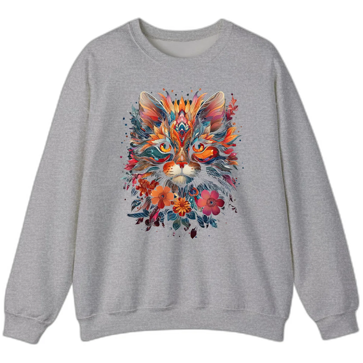 Vibrant Floral Feline Mandala Art Sweatshirt in Sport Grey