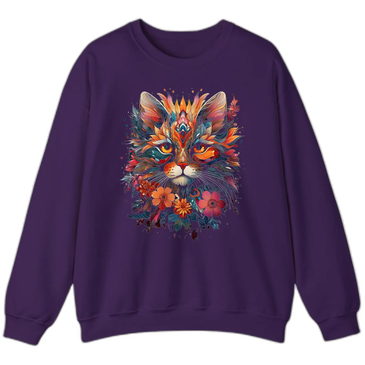 Vibrant Floral Feline Mandala Art Sweatshirt in Purple