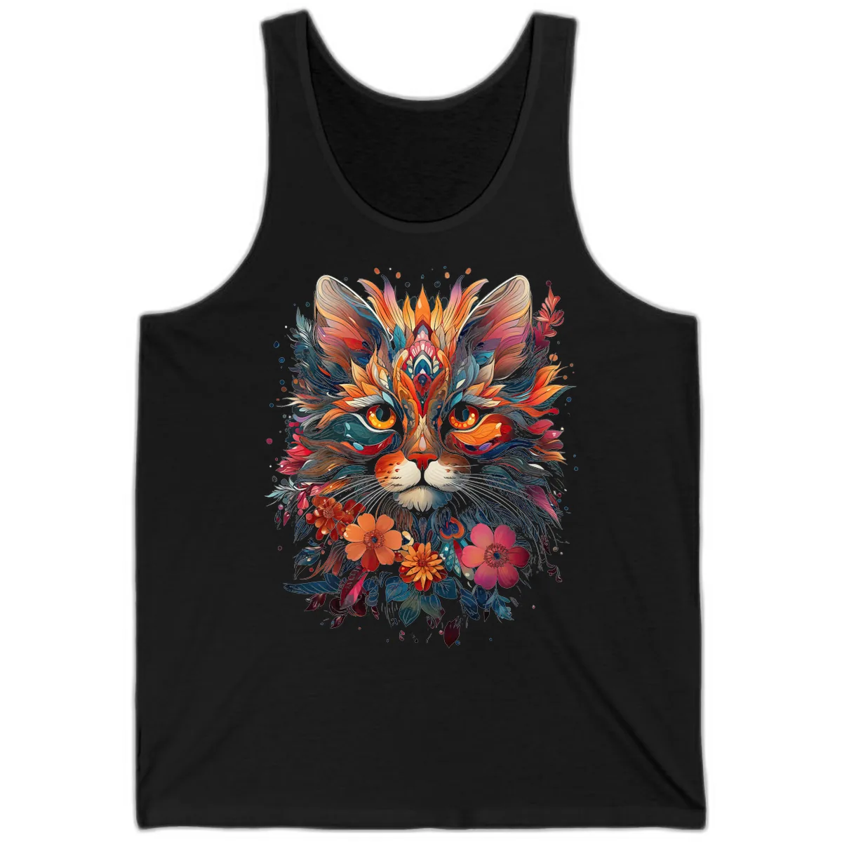 Vibrant Floral Feline Mandala Art Tank in Black