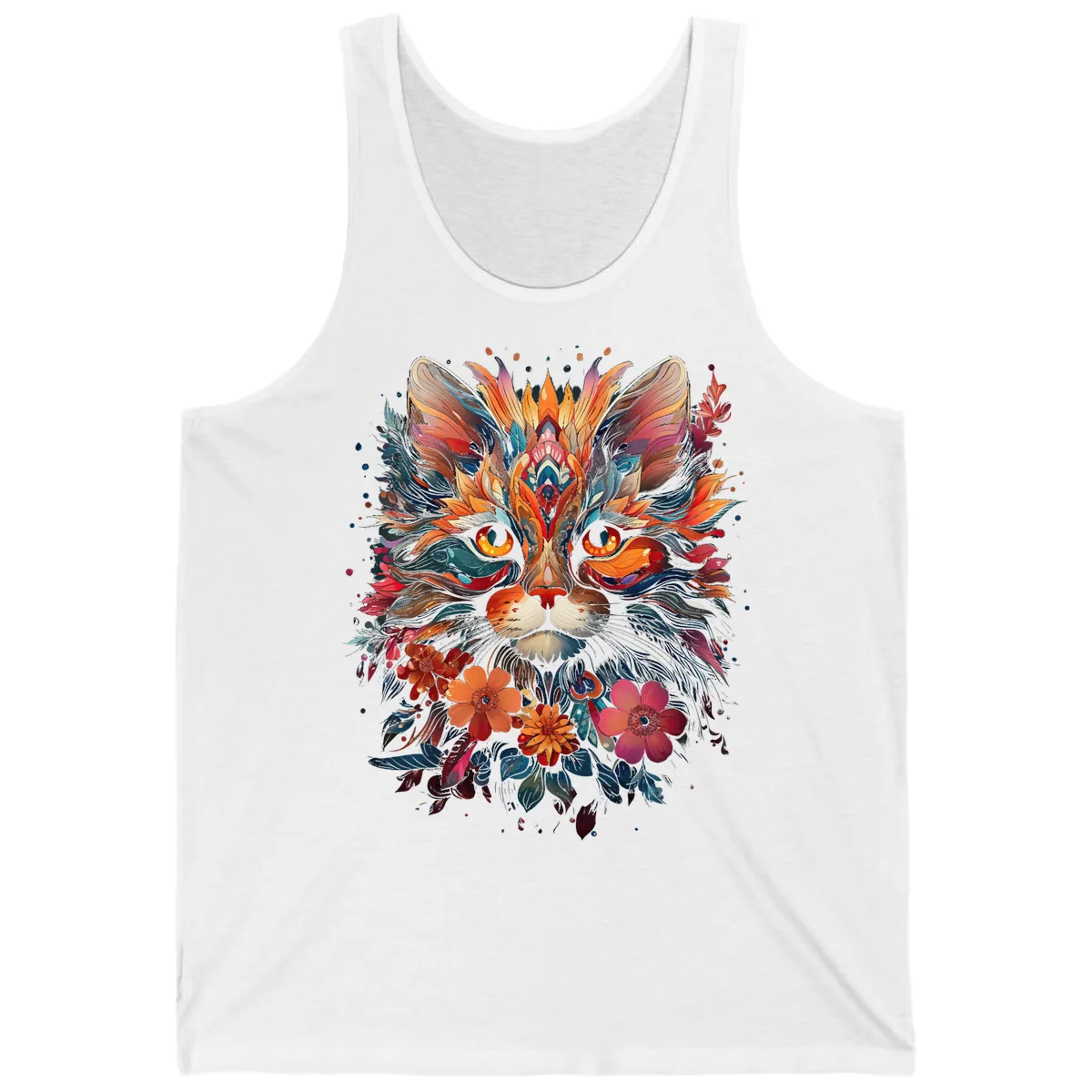Vibrant Floral Feline Mandala Art Tank in White