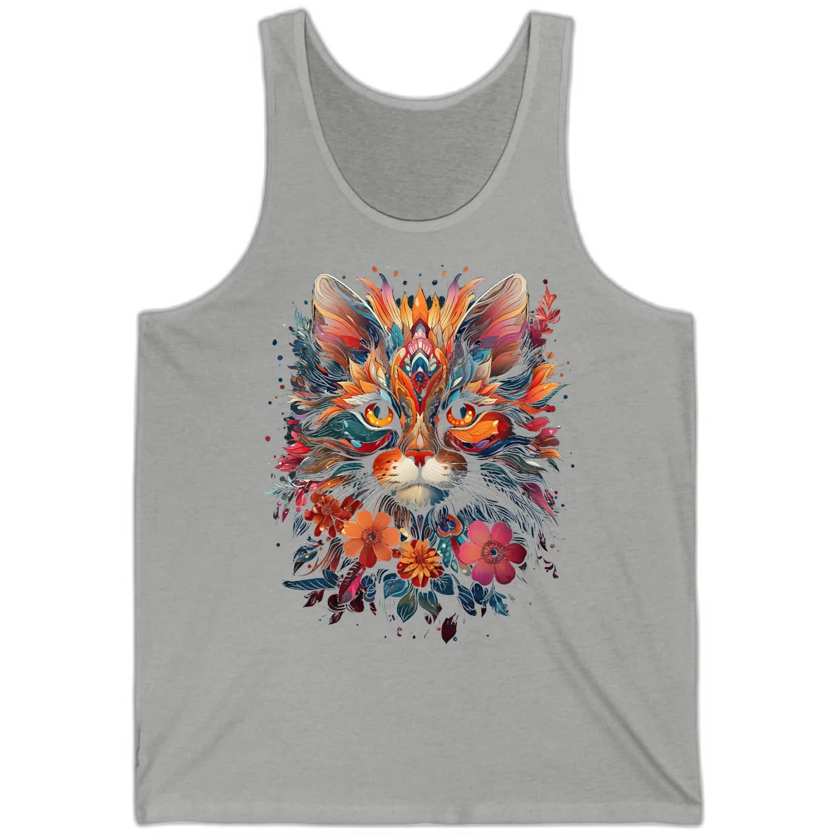 Vibrant Floral Feline Mandala Art Tank in Athletic Heather