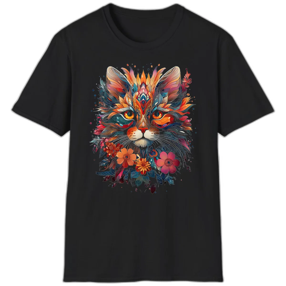 Vibrant Floral Feline Mandala Art T-Shirt in Black