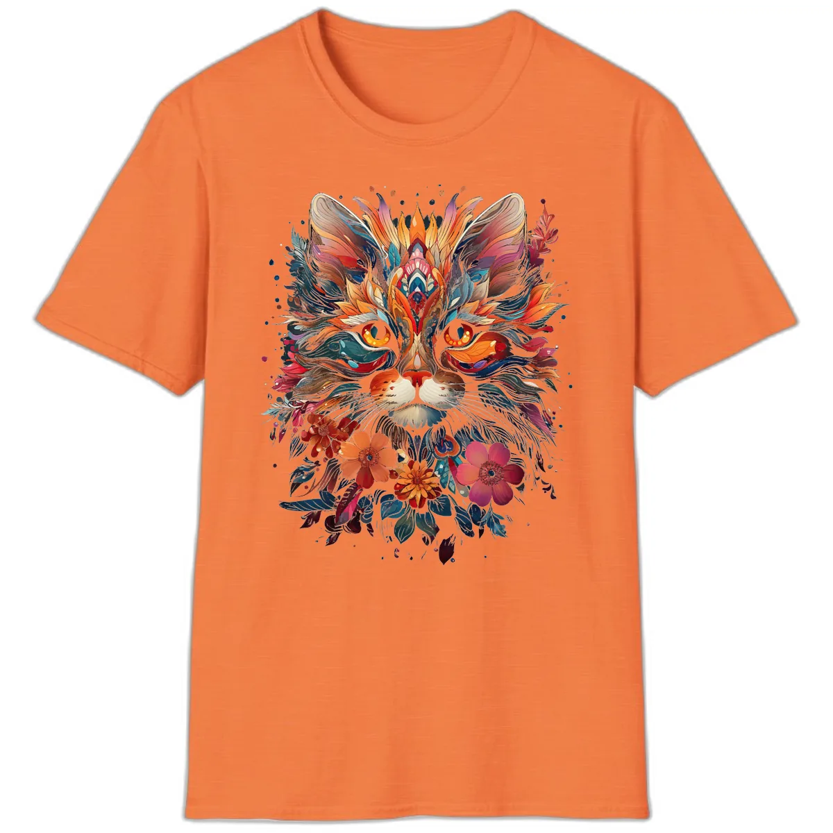 Vibrant Floral Feline Mandala Art T-Shirt in Heather Orange