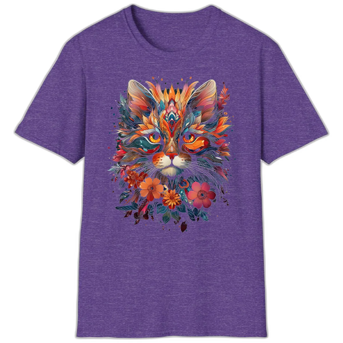 Vibrant Floral Feline Mandala Art T-Shirt in Heather Purple