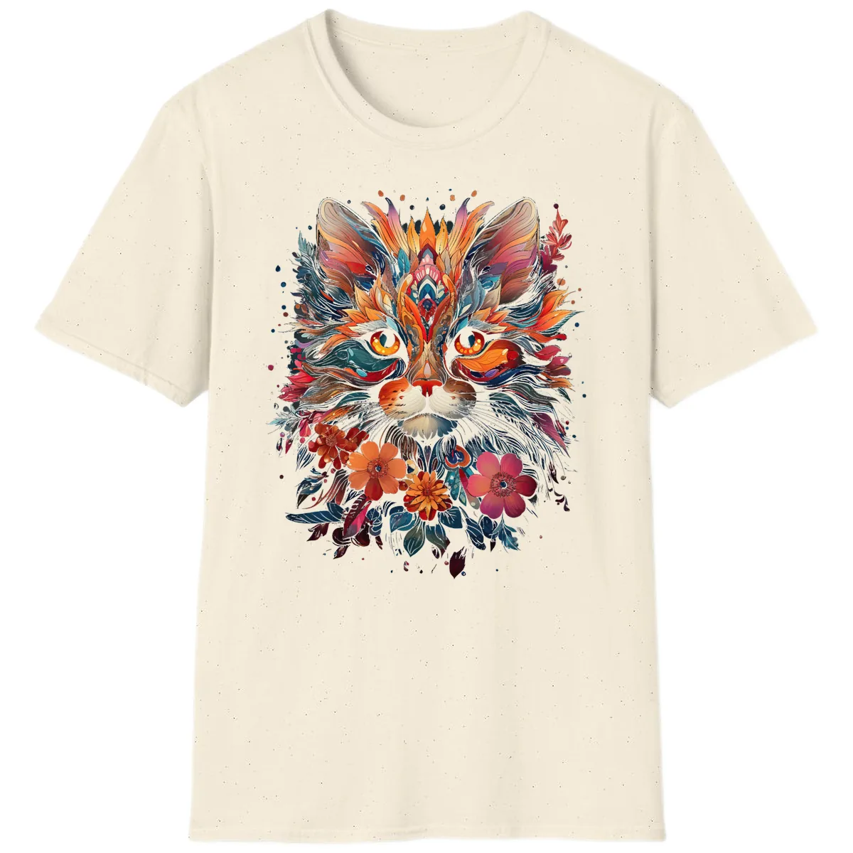 Vibrant Floral Feline Mandala Art T-Shirt in Natural