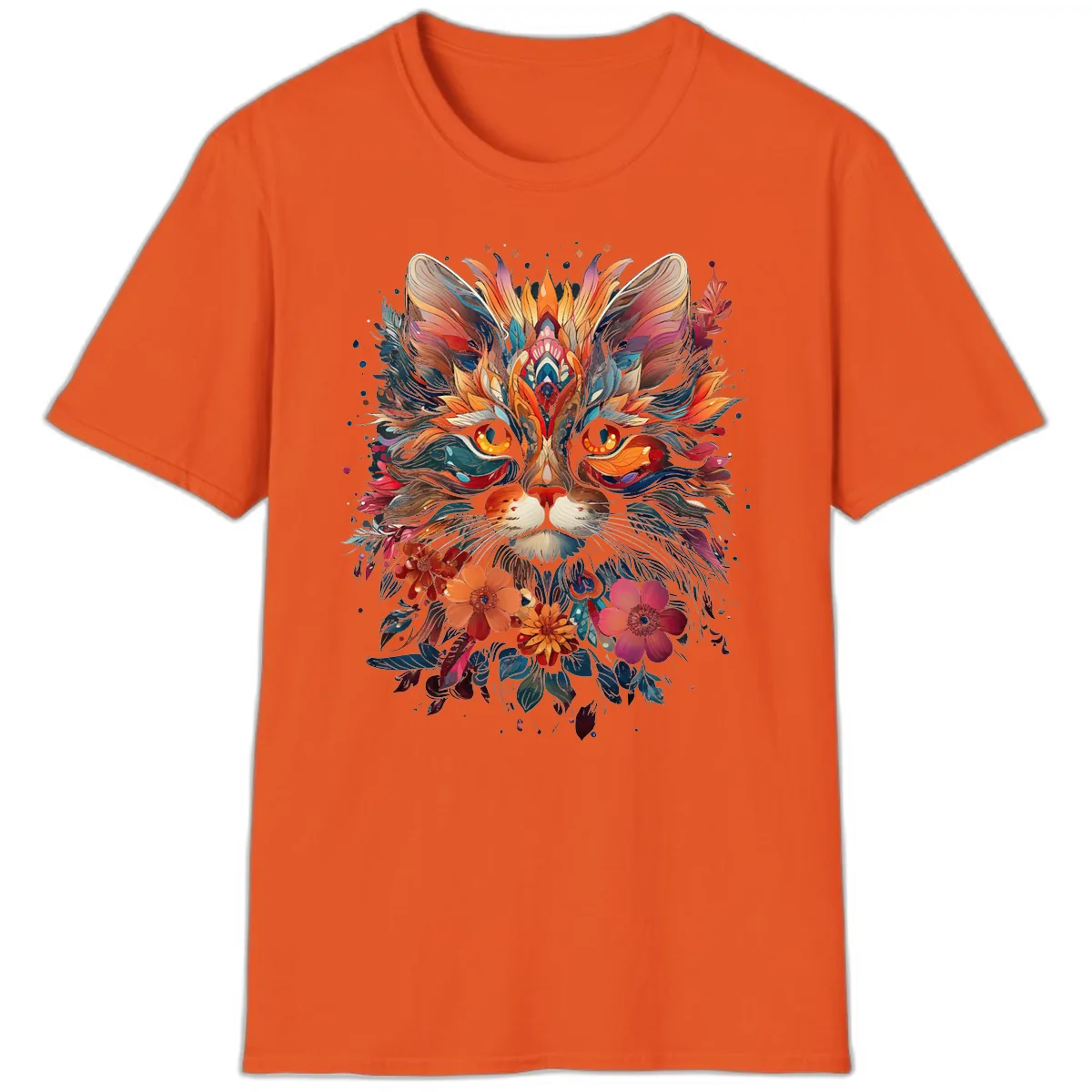 Vibrant Floral Feline Mandala Art T-Shirt in Orange