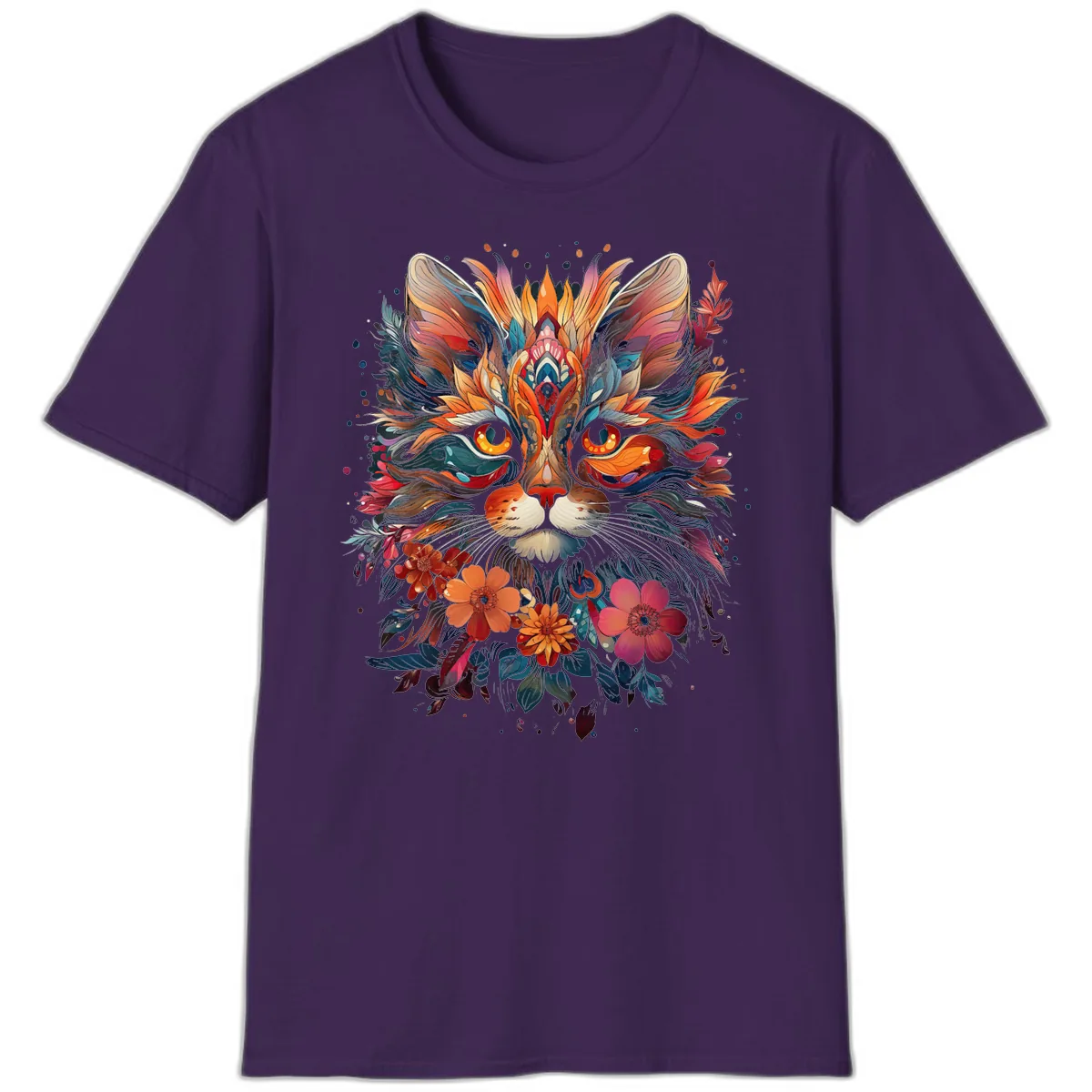 Vibrant Floral Feline Mandala Art T-Shirt in Purple