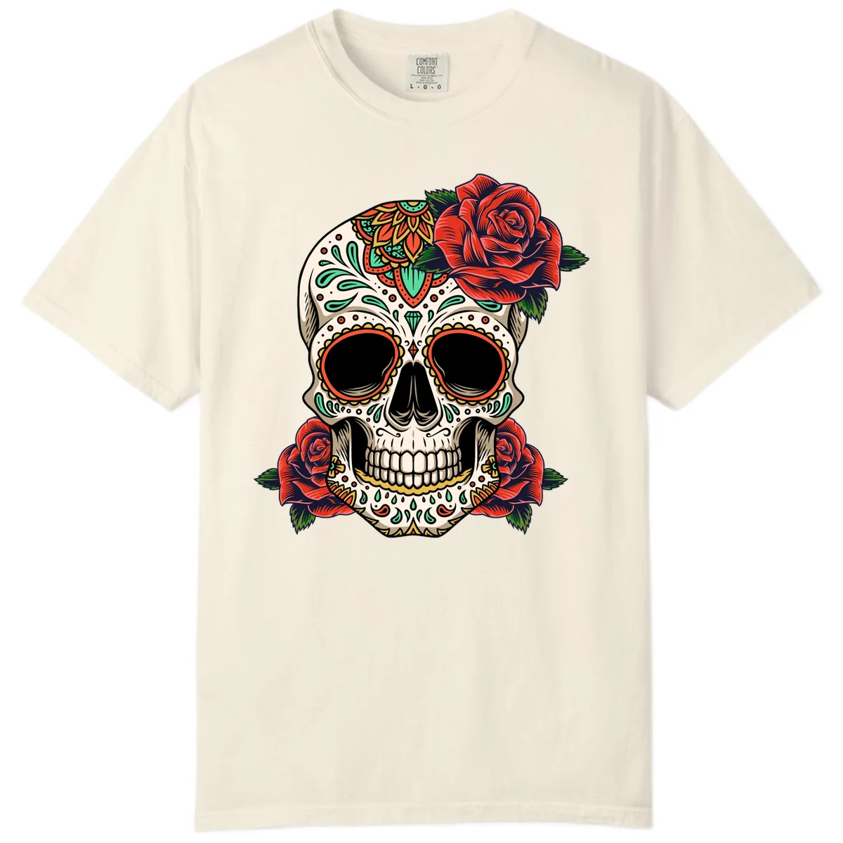 Vibrant Calavera Skull with Red Roses Comfort Color in Ivory