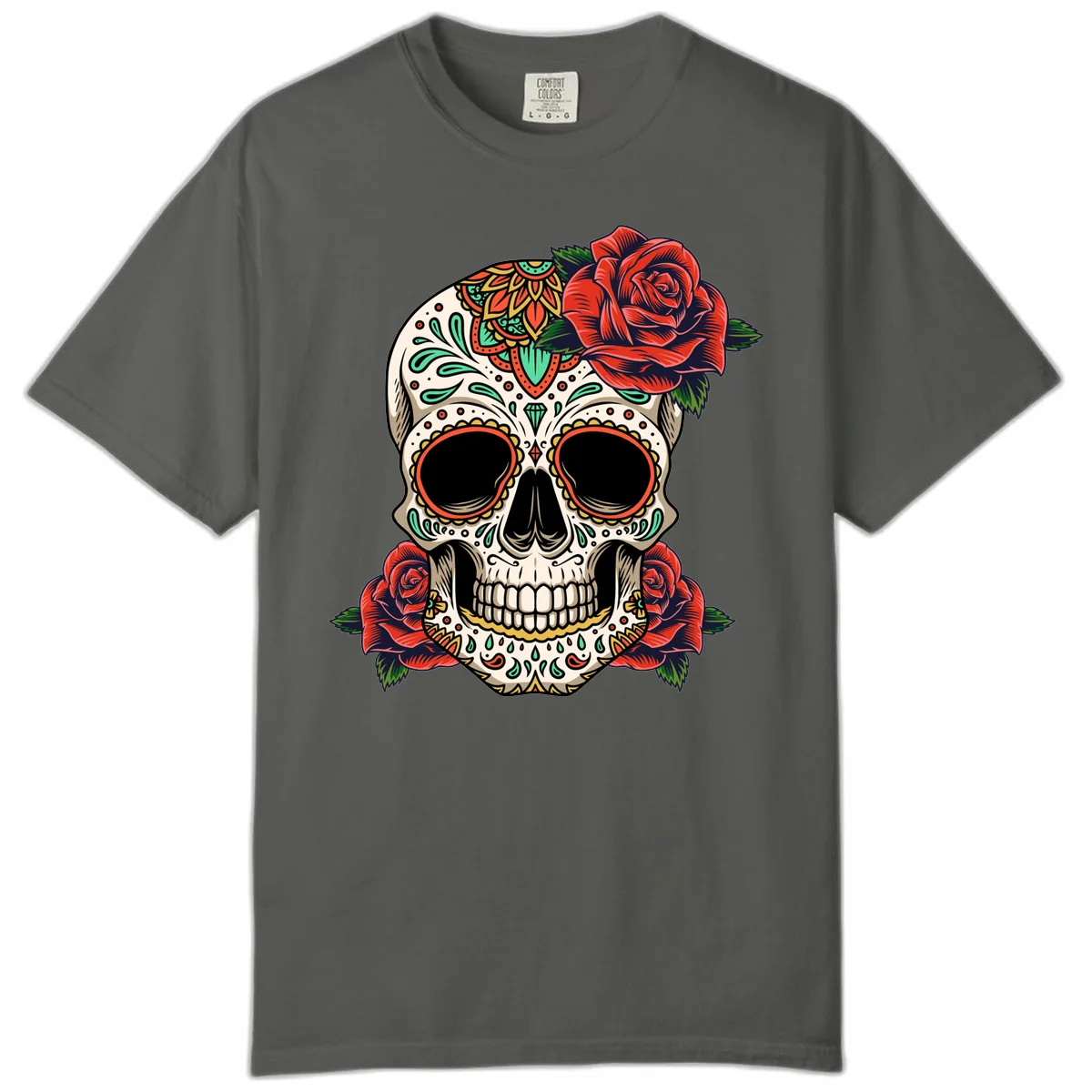 Vibrant Calavera Skull with Red Roses Comfort Color in Pepper
