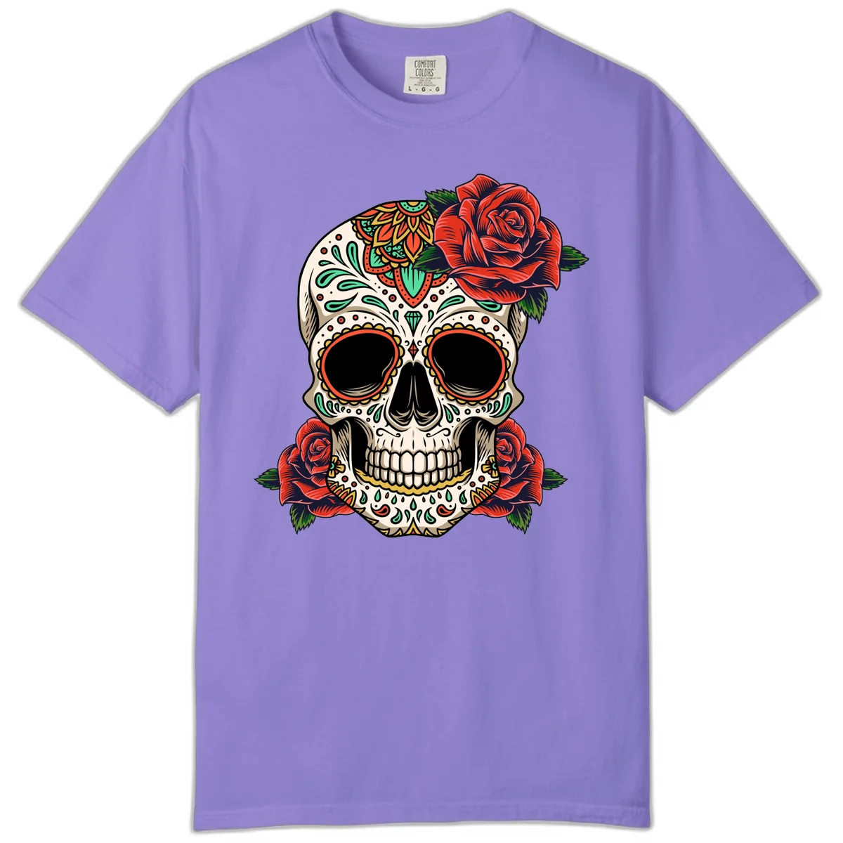 Vibrant Calavera Skull with Red Roses Comfort Color in Violet