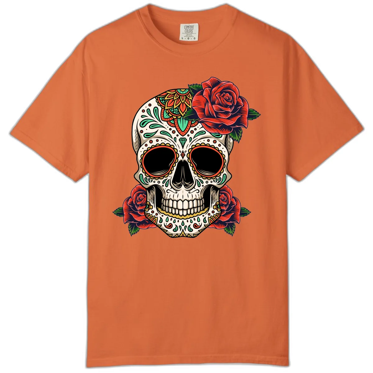 Vibrant Calavera Skull with Red Roses Comfort Color in Burnt Orange
