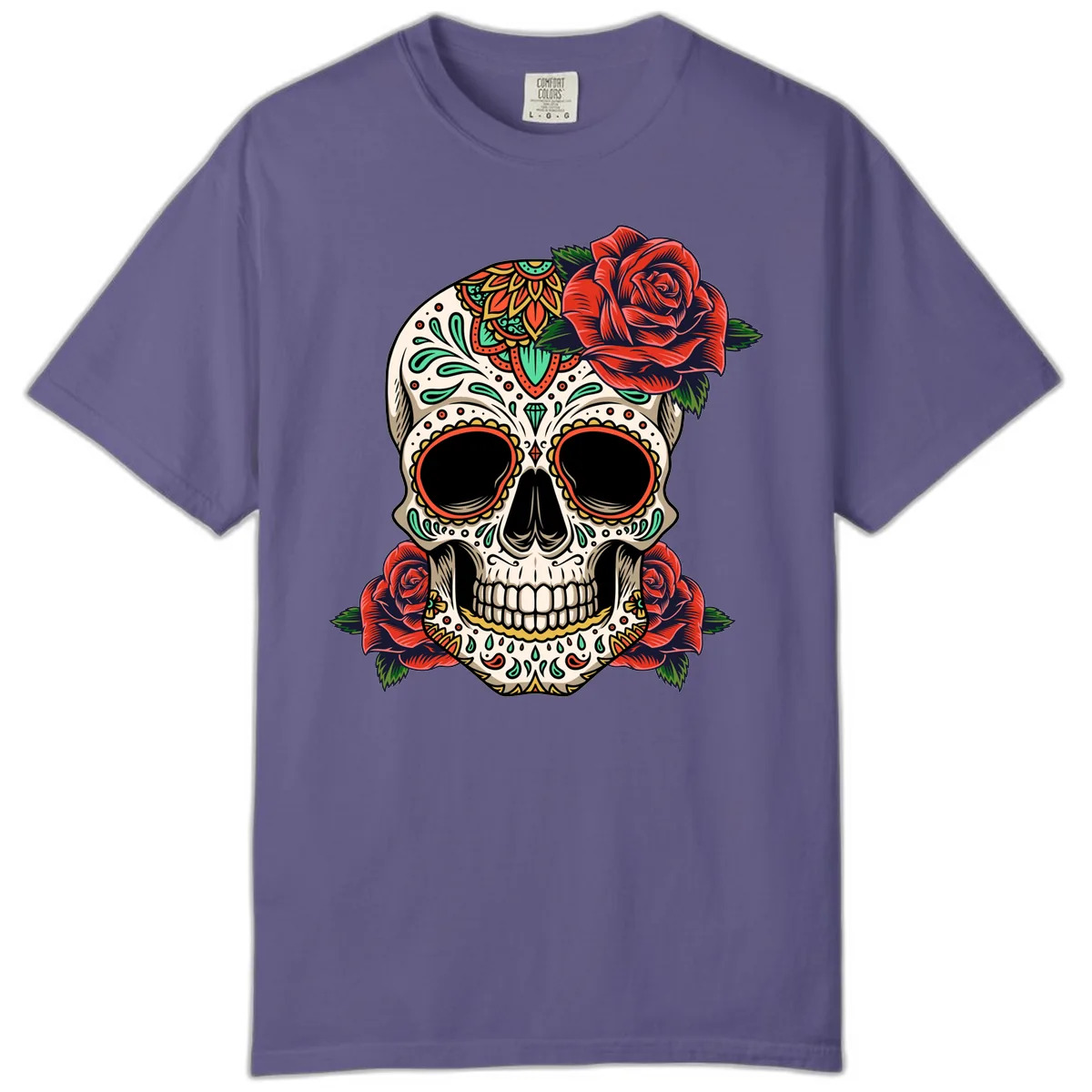 Vibrant Calavera Skull with Red Roses Comfort Color in Grape