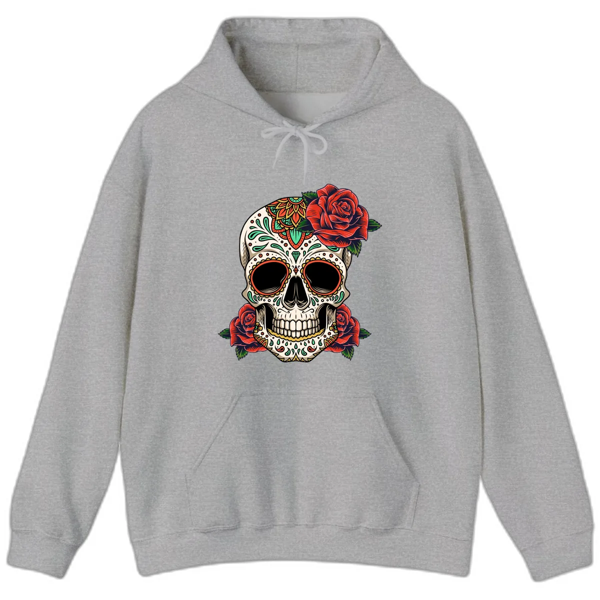 Vibrant Calavera Skull with Red Roses Hoodie in Sport Grey