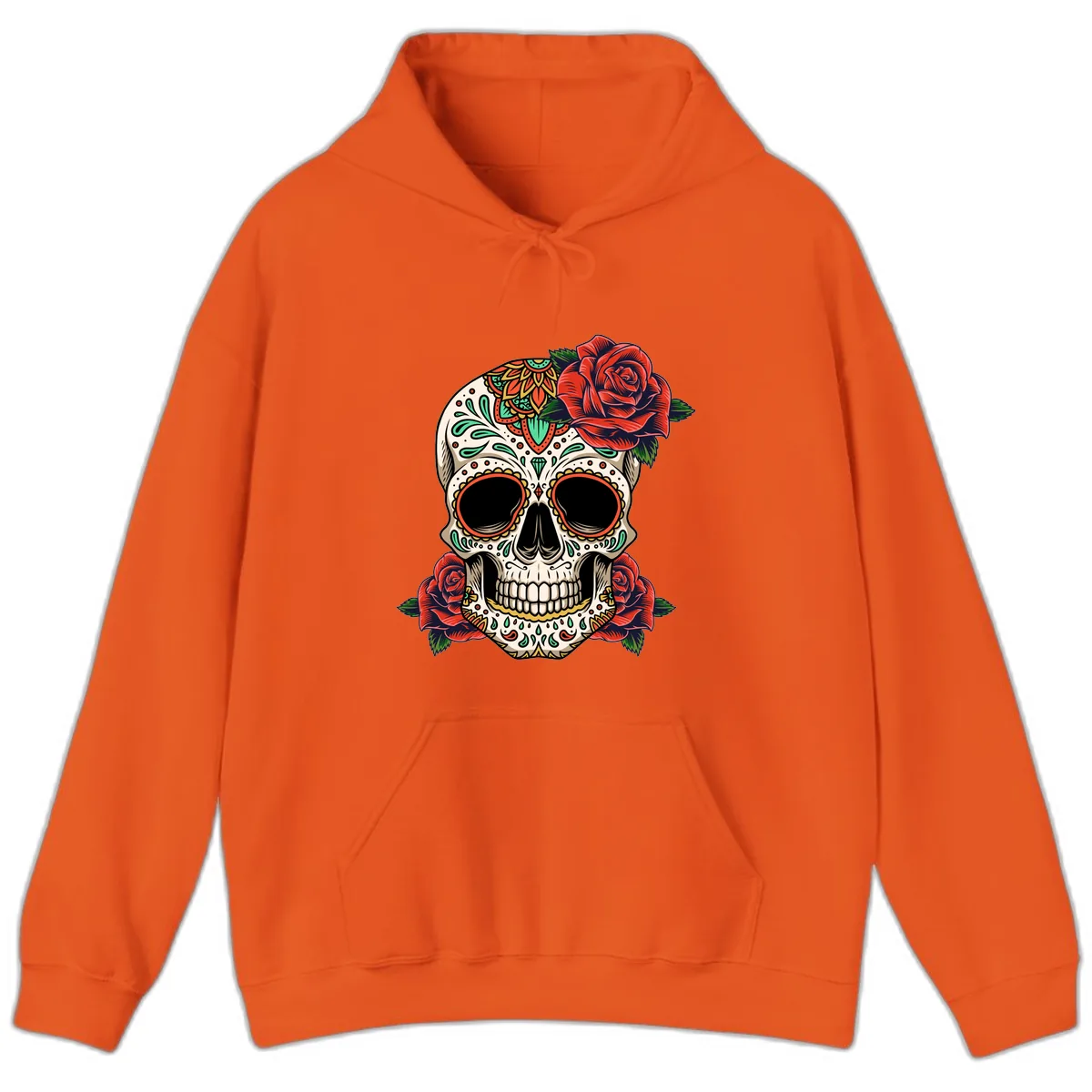 Vibrant Calavera Skull with Red Roses Hoodie in Orange